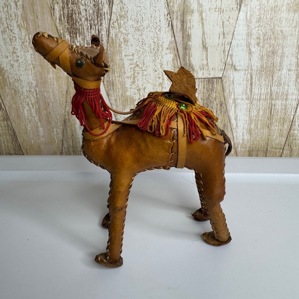 Vintage Handcrafted Leather Camel Figurine Mid Century Modern Decor Brown